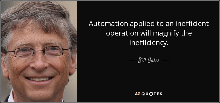 test automation quotes: Automation applied to an inefficient operation will
magnify the inefficiency. - Bill Gates
